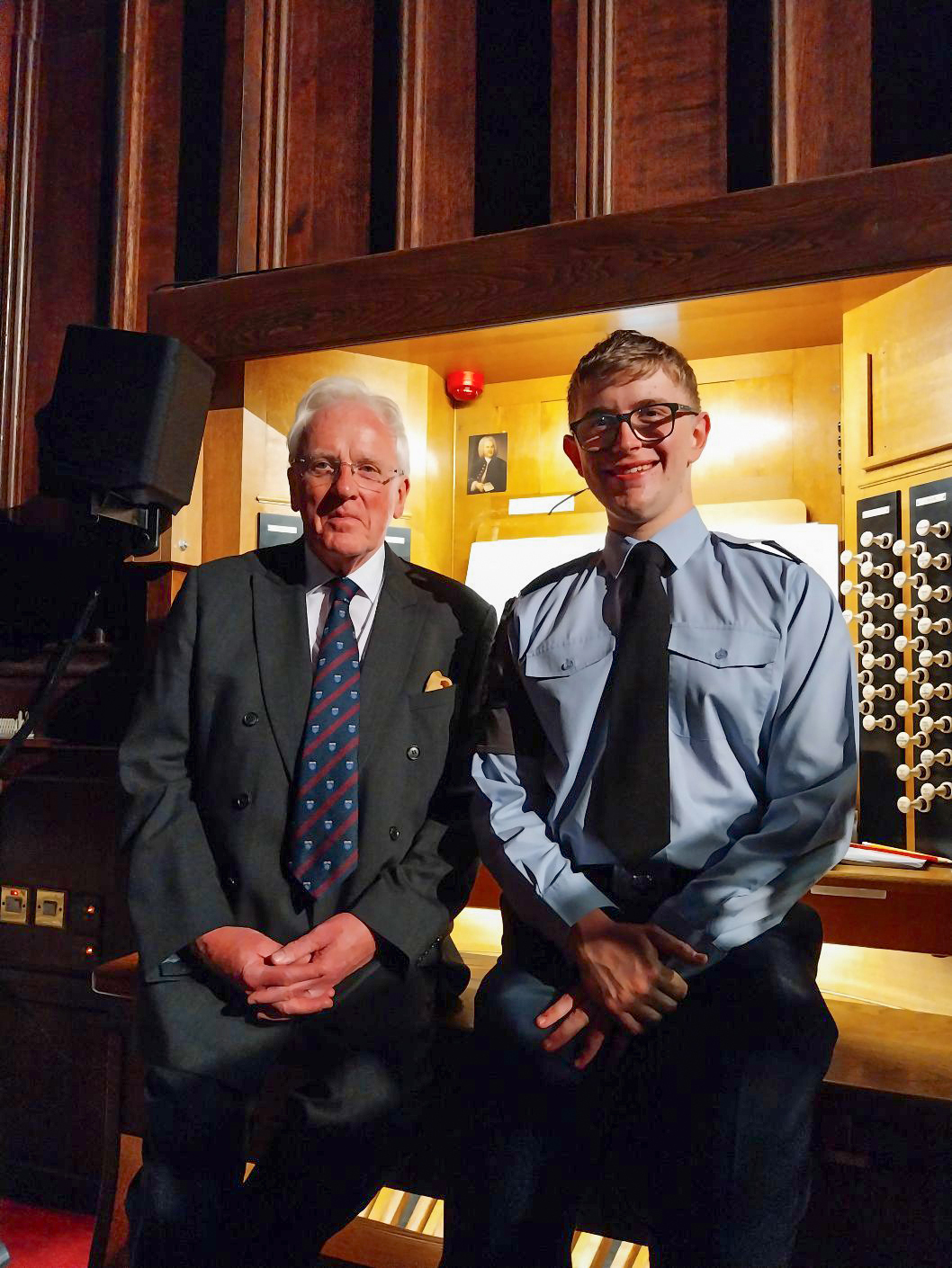 Cdt Sgt Will Bishop with Sir Andrew Parmley at the Willis Organ