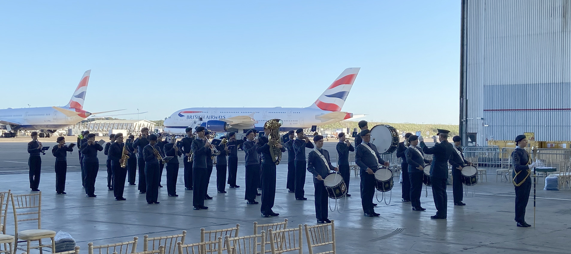 RAF Air Cadet band in front of British Airways aircraft