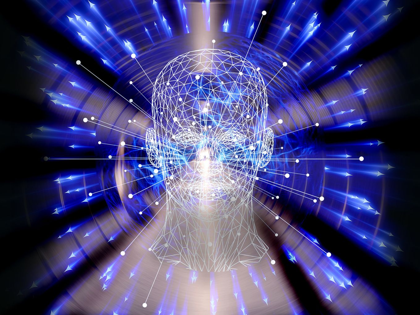 Digital graphic of head with network and blue lights radiating out.
