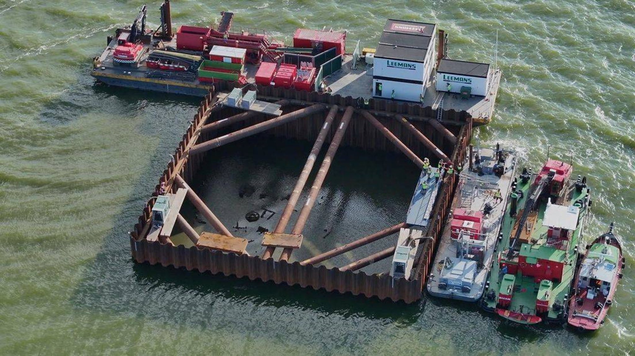 Aerial view of the cofferdam around the submerged Lancaster
