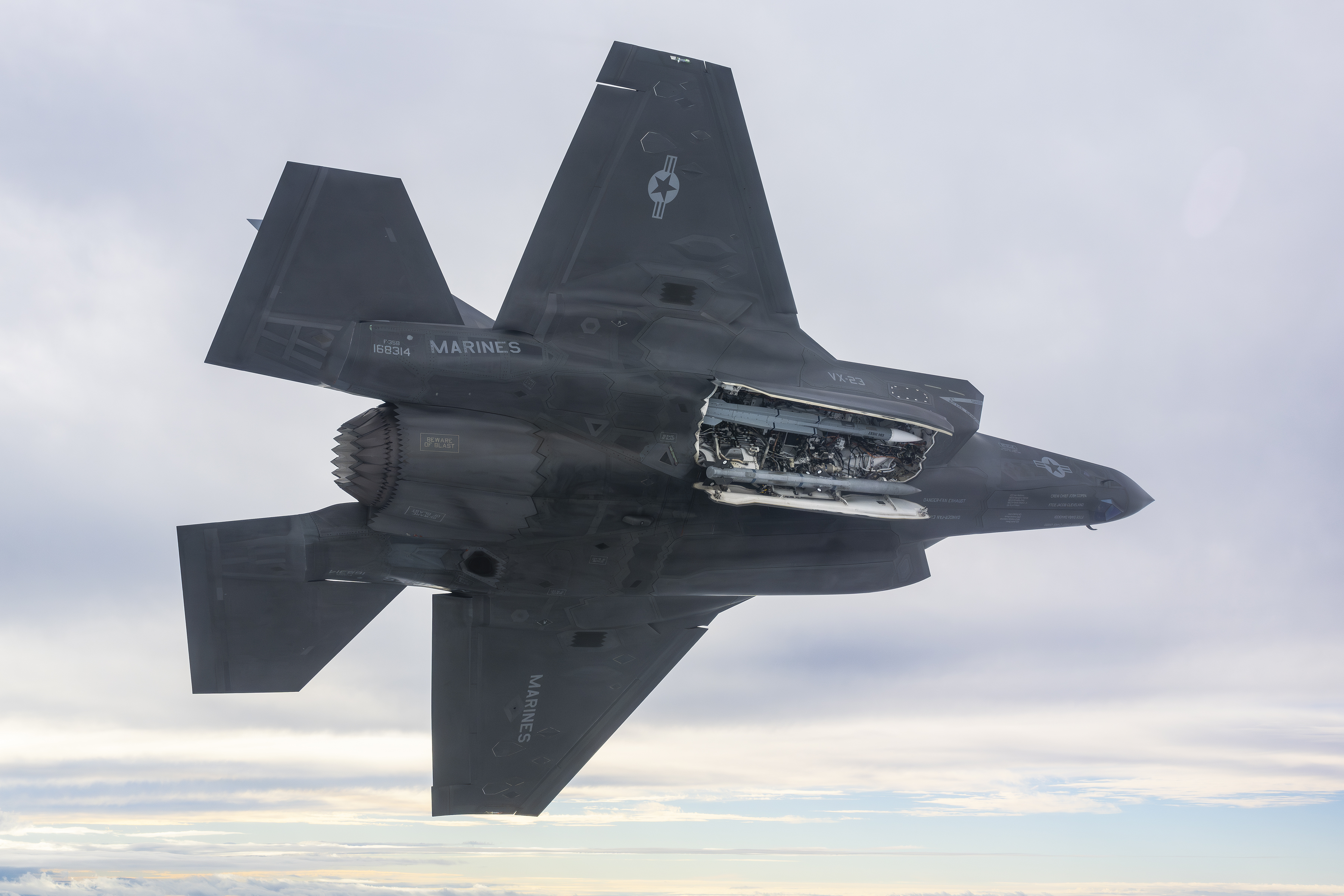 F-35 in the air, with Meteor visible underneath.