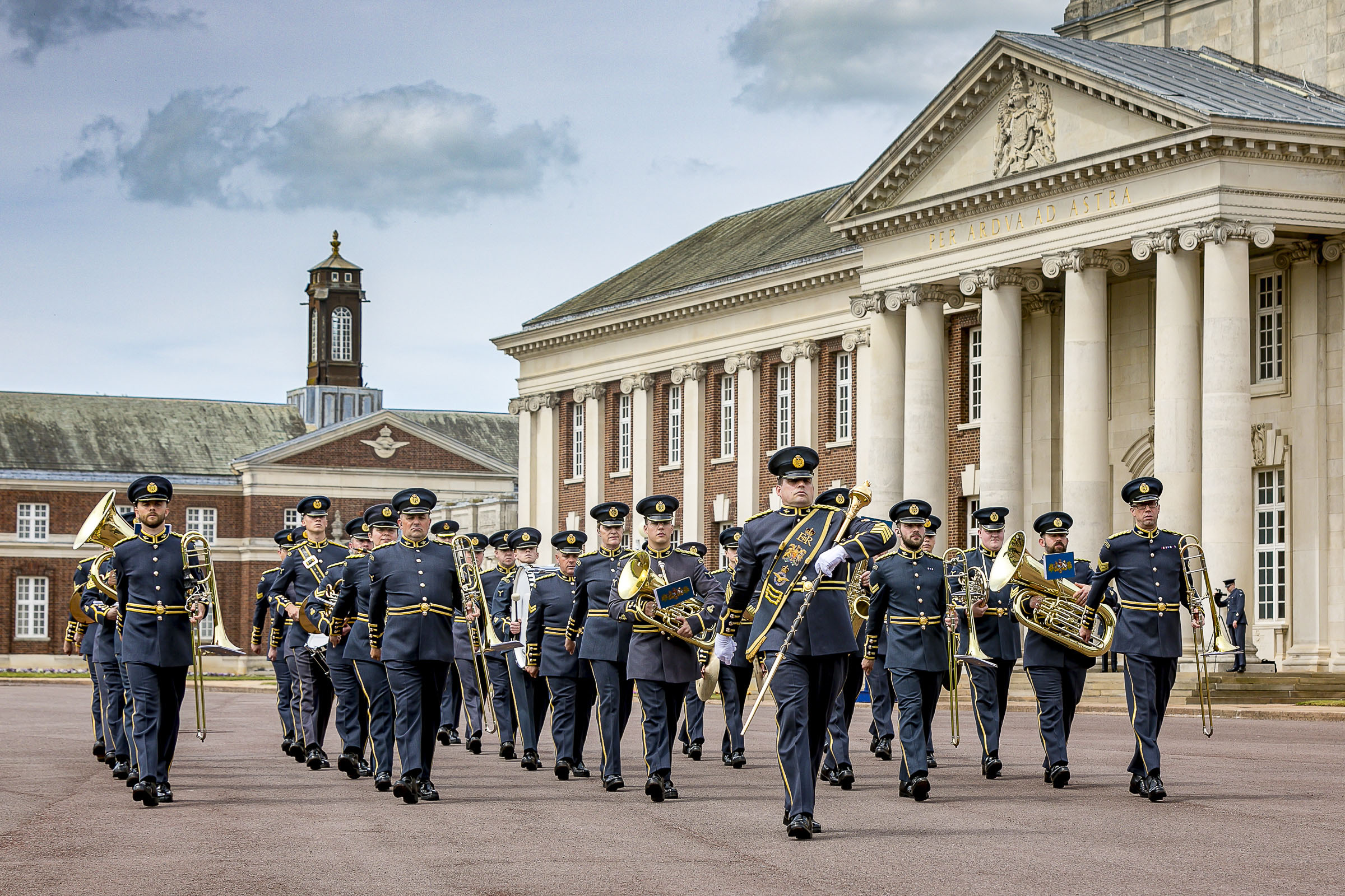 The Band of the RAF College marching outside College Cranwell