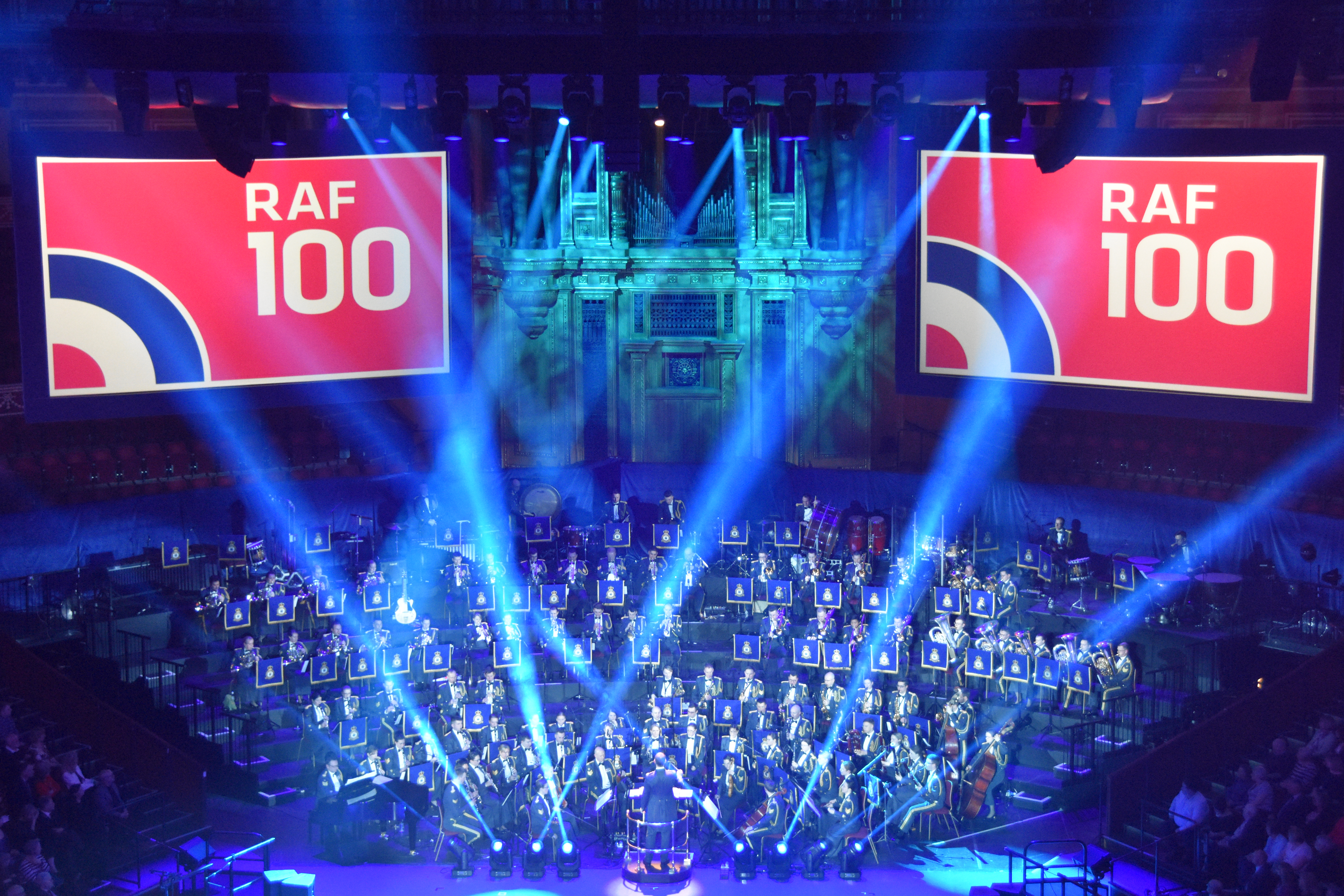 Wing Commander Piers Morrell leading the Massed Bands of the RAF in the RAF100 concert at the Royal Albert Hall