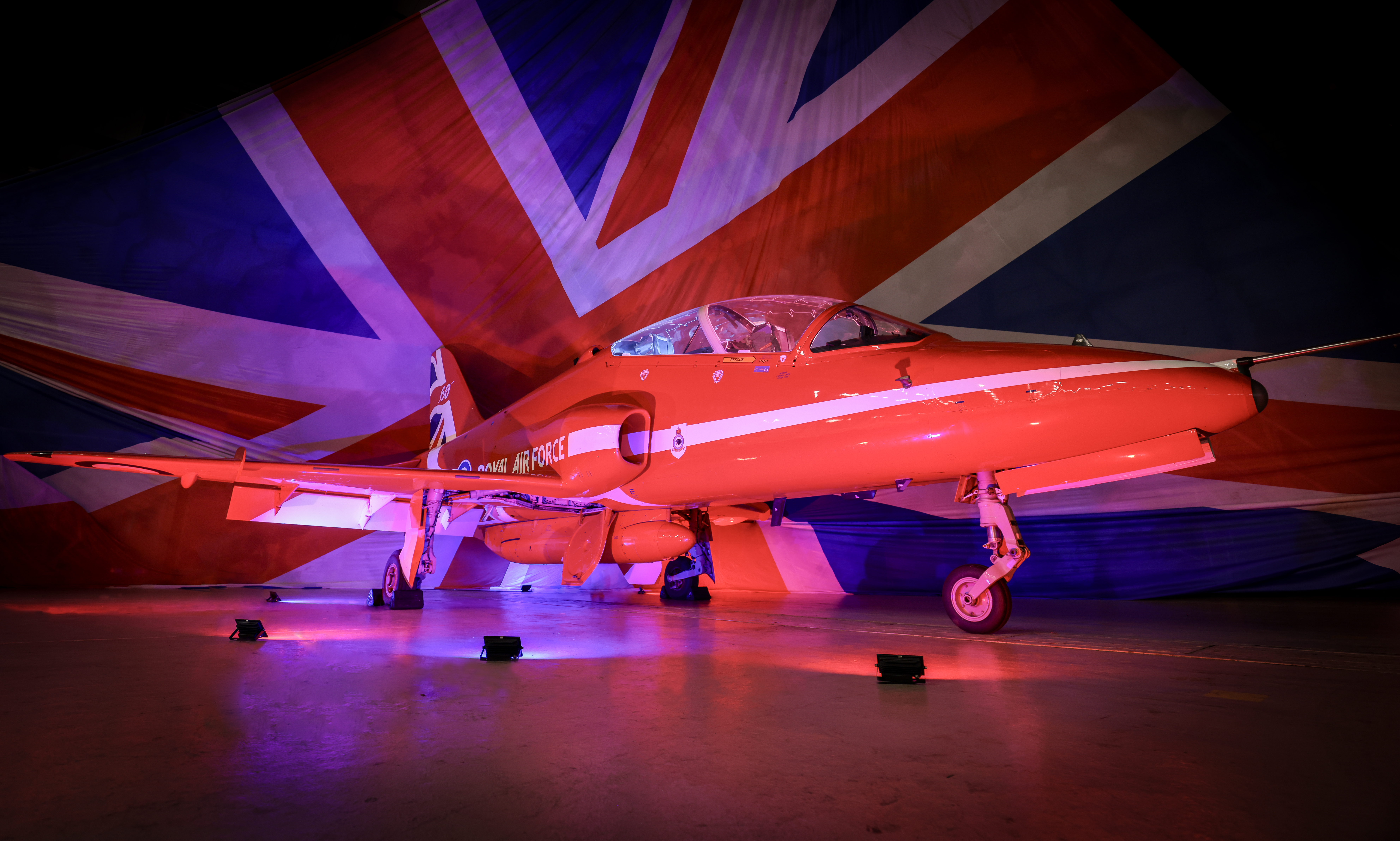 A Red Arrows Hawk jet at RAF Waddington.