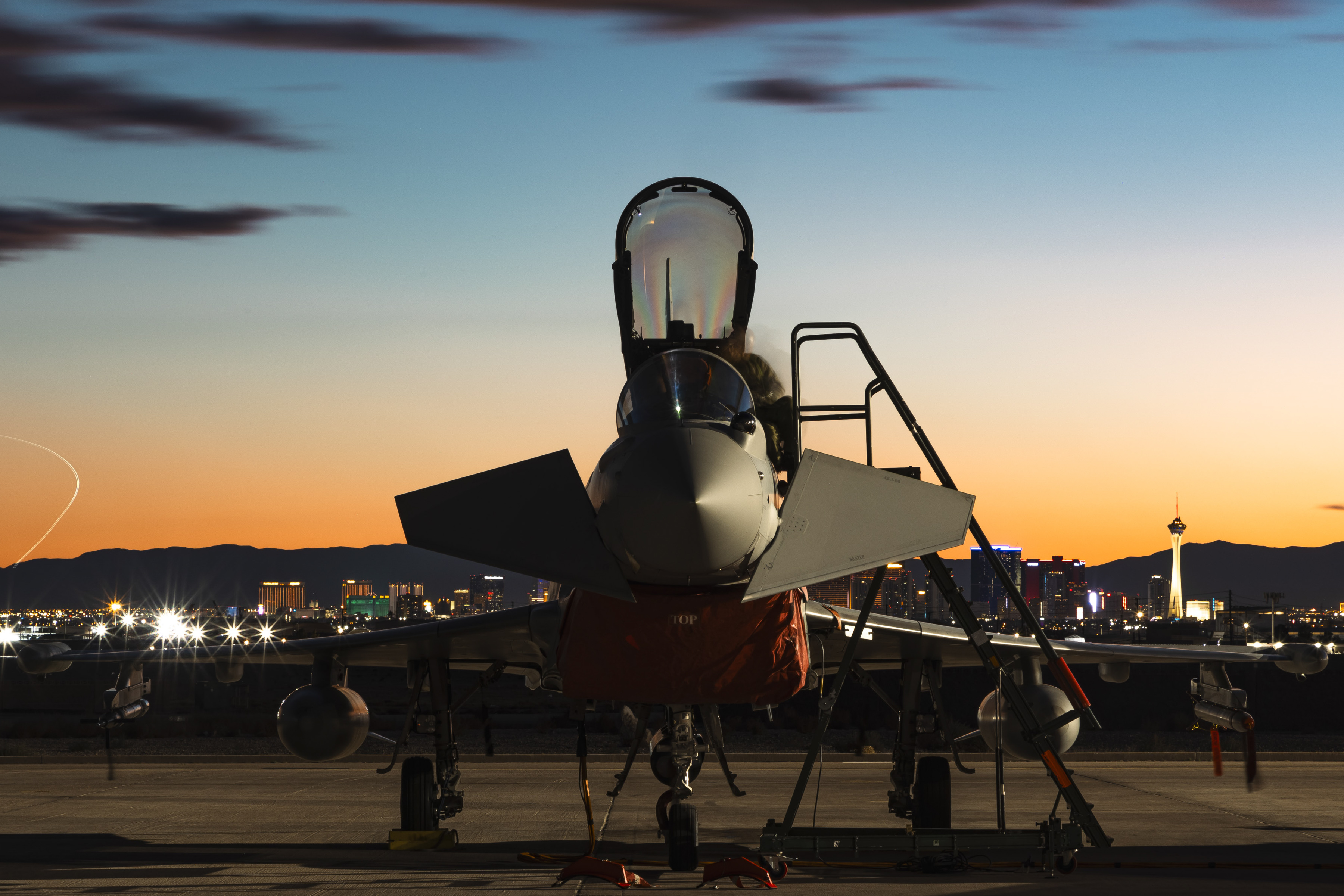 Aircraft from the front with sunset in the background